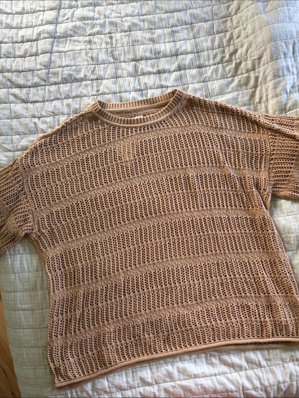 aerie Open-Weave Crewneck Sweater in Tan